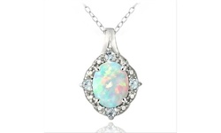 Sterling Silver Diamond Accent White Opal & Blue Topaz Oval Necklace