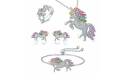 Unicorn Jewelry Set Rainbow Rhinestone Crystal Necklace, Bracelet, Earring,Ring