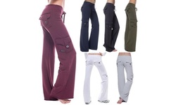 Women's Stretch Button Yoga Pants Wide Leg Sweatpants Bootleg Pants With Pockets