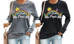Womens I Hate People Print Long Sleeve Shirt Vintage Crewneck Tops
