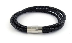 Mens 3 Row Geunine Leather Magnetic Braided Bracelet