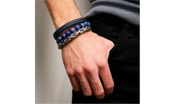 3 Pack Mens Genuine Lapis or Tigers Eye Stainless Steel Bracelet Set
