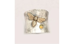 Vintage Tow Tone 925 Sterling Silver Honey Bee Opal Bee Wide Band Ring