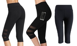 Womens High Waist Yoga Leggings with side Pockets Mesh Stretchy Capris