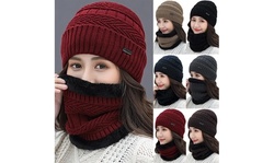 Women Winter Velvet Warm Thick Knitted Leisure Beanies Hat And Scarf Set