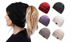 Women's Winter Warm Knitted Hat Messy Bun Ponytail Beanie Holey Wool Caps