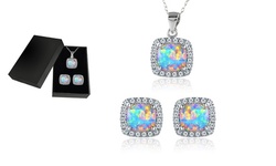 Solid Sterling Silver Opal Earrings and Necklace Set W/Giftbox