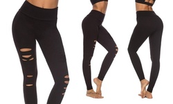 Women Ripped Tummy Control Leggings High Waist Elastic Yoga Pants Cutout Workout