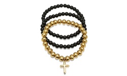 Men's Set Of 3 Black Lava And Stainless Steel With Cross Beaded Bracelets