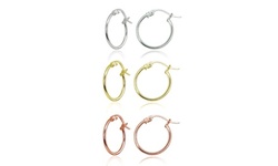 3 Pr Set Silver, Yellow & Rose Gold Flash Small 15mm Round Unisex Hoop Earrings