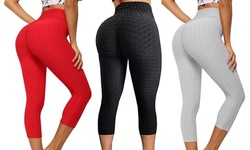 Women Ruched Textured High Waist Yoga Capris Tummy Control Workout Leggings 