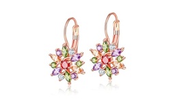 Multi-Colored Crystal Flower Lever-back Earring in 18K Rose Gold
