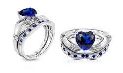 Heart Cut Sapphire Claddagh Ring And Band Set in 18K White Gold