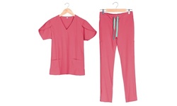 Women's 8-Pocket Scrub Set in 4-way Stretch Fabric, V-neck Top w/ Tulip Sleeve
