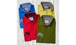Suslo Couture Men's Stretch Solid Long Sleeve Button Down Shirt with Trimmings