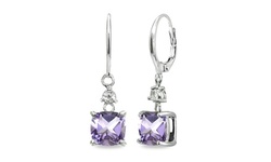 7mm Cushion-cut Amethyst & White Topaz 925 Silver Dangle Leverback Earrings