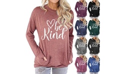 Women's Pocket Lovely Be Kind Letter Round Neck Long-Sleeve Tunics Tops