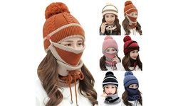 3PCS Women Beanie Hat Pom Bobble Scarf Mask Set Knitted Winter Warm Snow Ski Cap