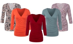 Doublju Women's 3/4 Sleeve Fitted Deep V-Neck Surplice Tops