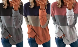 Women's Stitching Contrast Color Round Neck Long Sleeve Casual Tops