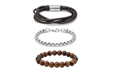 Men's Set Of 3 Stainless Steel, Leather And Beaded Bracelet Sets