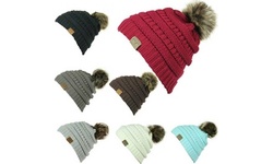Winter CC Beanie Faux Fur Hats Ladies Knitted Wool Hat Thicken Warm Caps