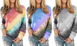 Women's Casual Color Block Tie Dye Crewneck Long Sleeve Loose Tops