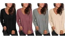 Womens Long Sleeve V Neck Tunic Tops Loose Casual Shirts with Pocket