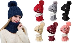 Women Snow Beanie Hat Thick Warm Soft Cable Scarf Winter Knit Set