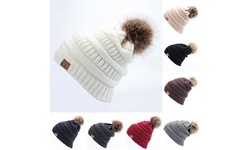 Women Hats Winter Letter Fur CC Pompom Hat Knitted Beanies Warm Female Hat