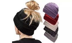 Fashion Ponytail Messy Bun BeanieTail Solid Ribbed Hat For Women