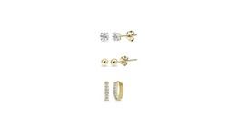 3 Pr Small CZ Huggie Hoops, 3mm CZ & Ball Stud Earrings in Gold Flash 925 Silver