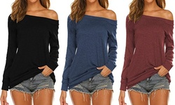 Women's Solid Color Long Sleeve Boat Neck Off Shoulder Blouse Tops
