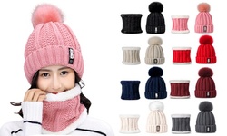 2pcs Women Knitted Pompom Hat Scarf Set Soft Warm Beanie Cap For Cold Weather