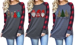 Merry Christmas Santa Graphic Cute Shirt Womens Plaid Splicing Long Sleeve Tees