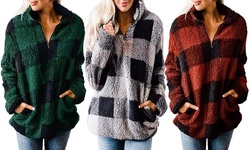 Haute Edition Women's 1/4 Zip Buffalo Plaid Sherpa Sweatshirt