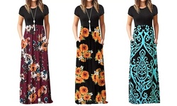 2019 Women Short Sleeve Loose Plain Fashion Maxi Dresses with Pockets