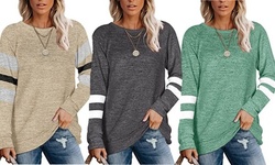Women's Long Sleeve Patchwork Round Neck Casual Loose Patchwork T-Shirts Tunics