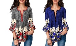 Women's Summer V-neck 3/4 Sleeve Floral Print Blouse Button Down Tunic