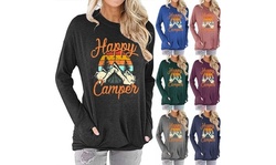 Women's Pocket Sweatshirts Happy Camper Printed Round Neck Long-Sleeved T-shirts