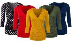 Doublju Women's V Neck Twist Knot Ruched Waist Tunic Top Blouse