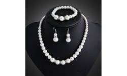 White Freshwater Faux Pearls Jewelry Set Necklace Bracelet Earrings Set