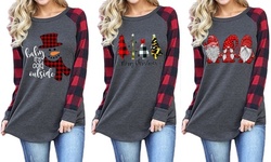 Womens Casual Tops Plaid Long Sleeve Funny Christmas Print  Tunic