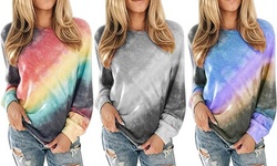 Women's Casual Color Block Tie Dye Crewneck Long Sleeve Loose Tops