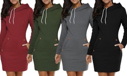 Women Slim Long Hoodie Tunic Sweatshirt Dresses Zipper Pullover with Pocket