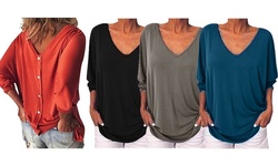 Womens Plus Size Loose 3/4 Sleeve Back Buttons T Shirts V Neck Top Blouse 