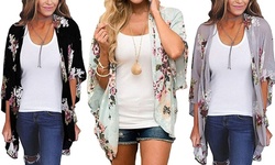Women's Sheer Chiffon Blouse Loose Tops Kimono Floral Print Cardigan