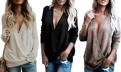 Women's Sexy Deep V-Neck Wrap Front Knitted Sweater Loose Pullover Jumper Tops