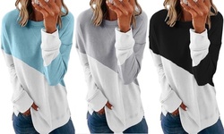 Women's Long Sleeve Stitching Contrasting Color T Shirt Round Neck Tops