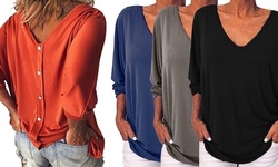 Womens Loose 3/4 Sleeve Back Buttons T Shirts Plus Size V Neck Solid Top Blouse